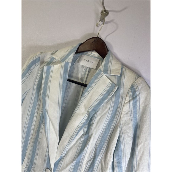 Frame Off White And Blue Stripe Linen Blazer Size 4 - Picture 1 of 5